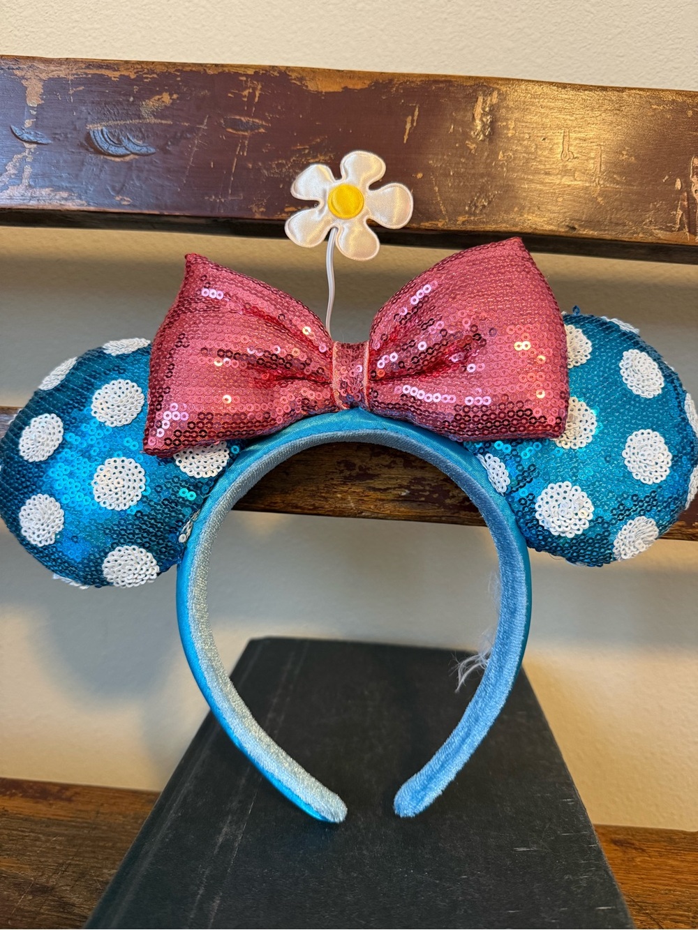 Disney Parks Minnie Mouse Ears Sequined Headband Blue Polka Dot Pink Bow Mickey - Picture 3 of 6